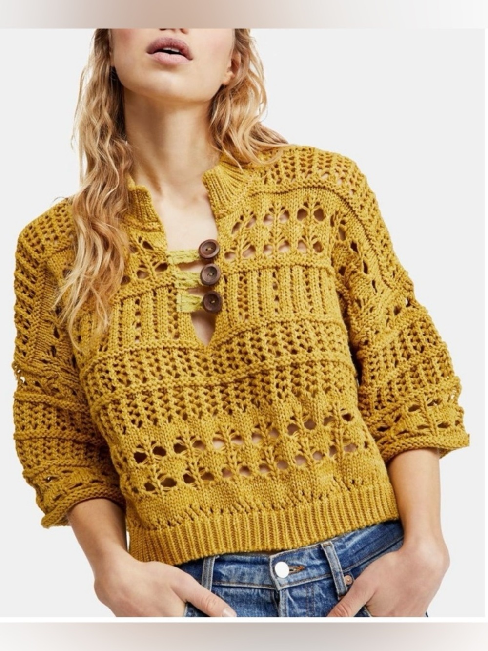 Free People Women Mustard Yellow Cropped Button Oversize Sweater Size Medium